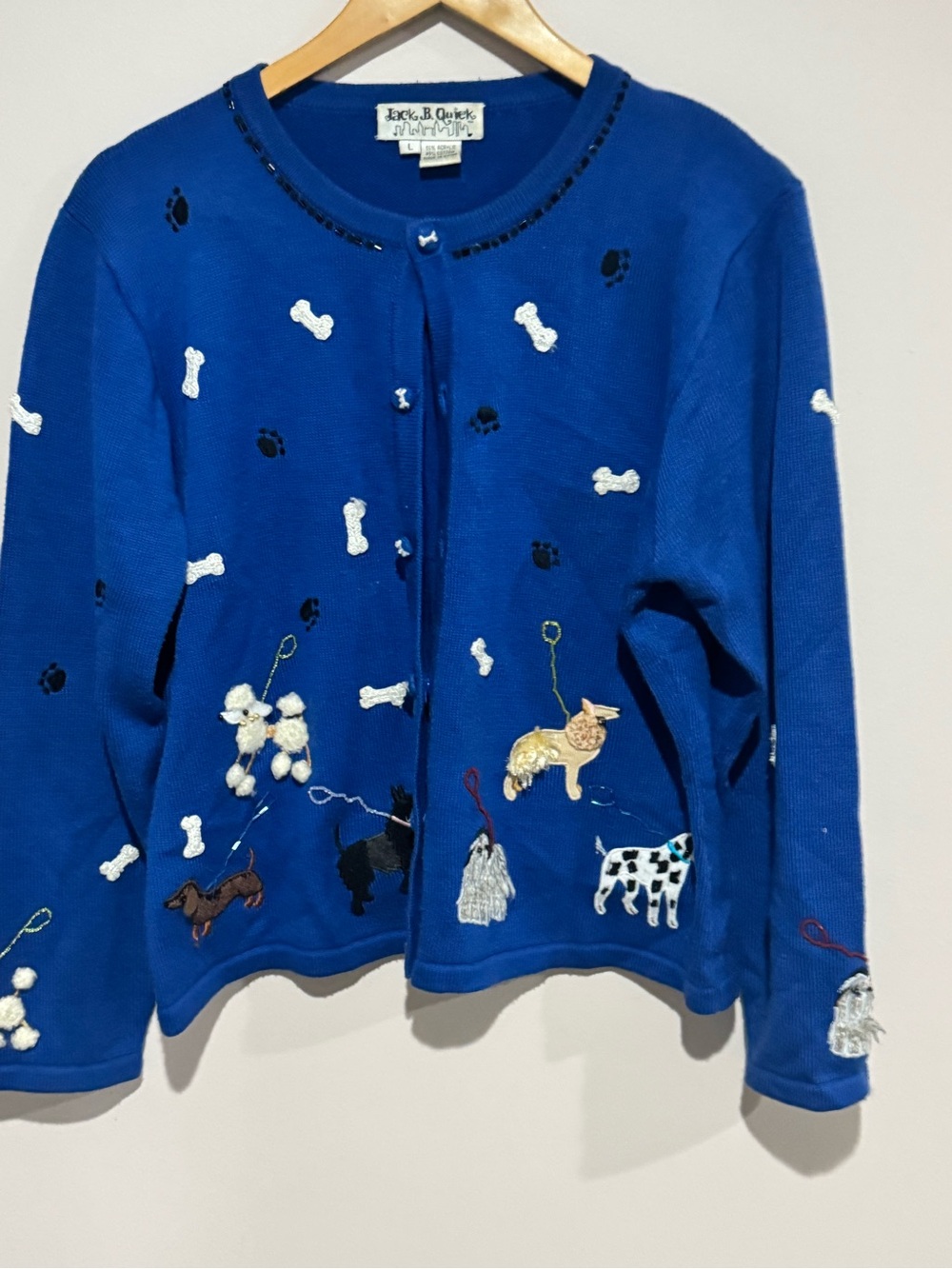 Jack B. Quick Sz Lg Royal Blue Beaded Cardigan w/Dogs, Bones & Paw Prints